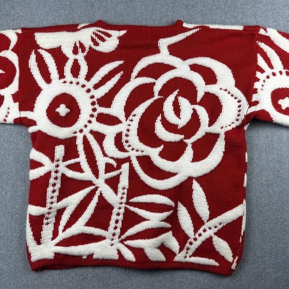 Vintage Kitty Hawk Sweater Womens Medium Red White Floral Rhinestone 80s Cozy - Picture 6 of 8